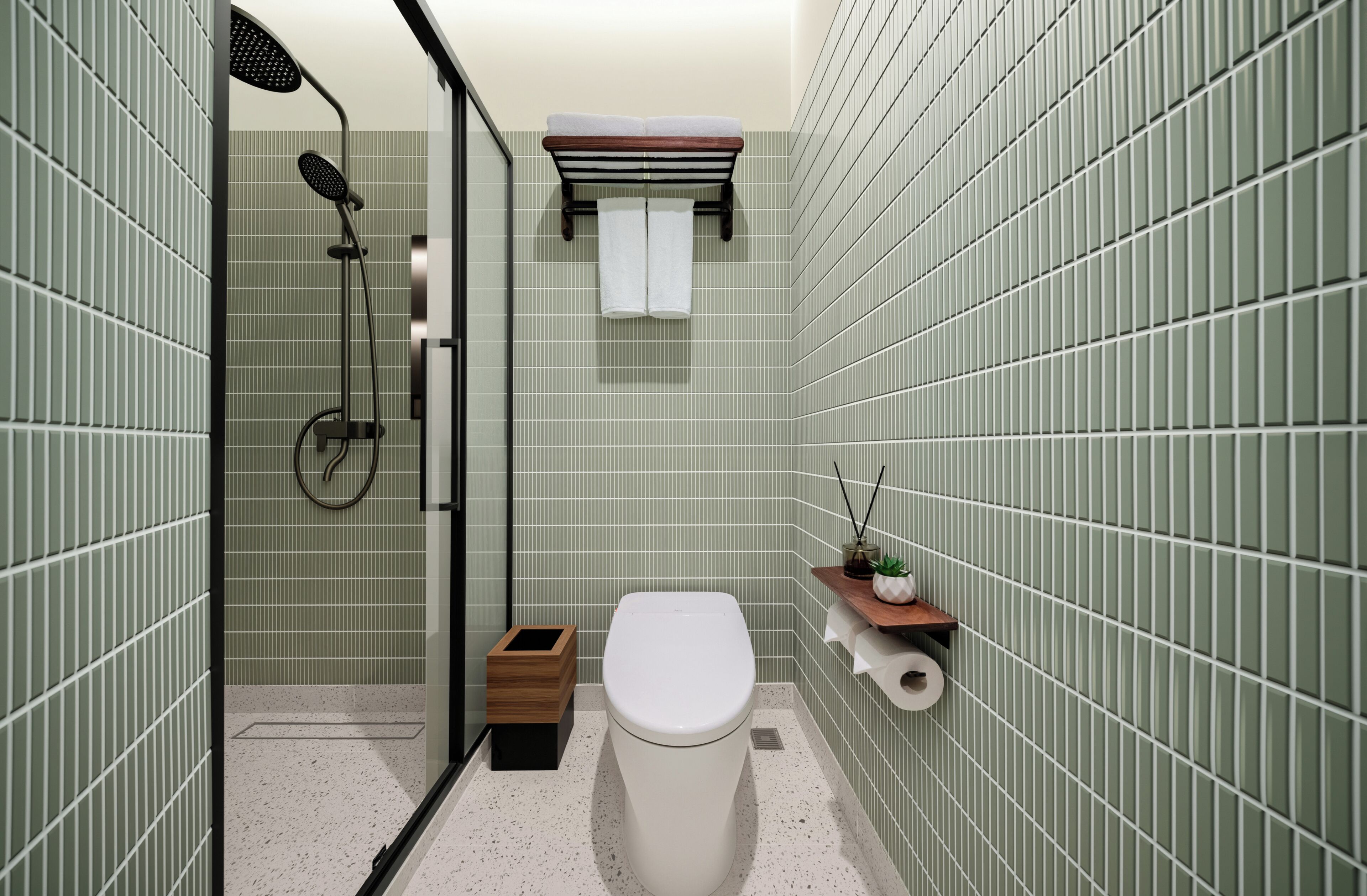 Shower, rainfall showerhead, free toiletries, hair dryer