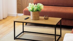 Una sala de estar con piso de madera, un sofá marrón, una mesa de centro de madera, una planta en maceta y un control remoto.