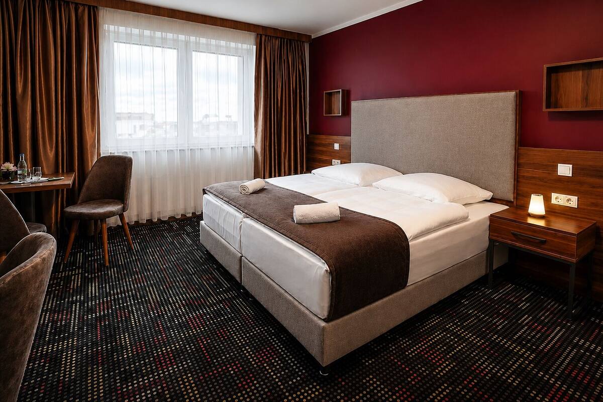A hotel room with a bed, a desk, a chair, a nightstand, and a window with curtains.
