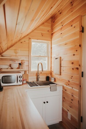 Microwave, coffee/tea maker, cookware/dishes/utensils - Tiny Cabin Stay in the Finger Lakes! (Science) (Burdett)