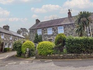 A stone house with a gated driveway, a stone wall, and a palm tree. - Glanrafon (Llwyngwril)