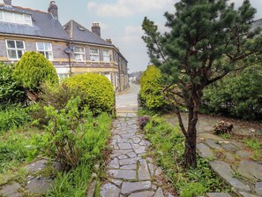 A stone pathway leading to a row of houses with a pine tree on the right. - Glanrafon (Llwyngwril)