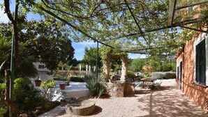 Un patio giardino con tavolo e sedie, circondato da piante e un pergolato.