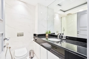 Ein modernes Badezimmer mit Toilette in Weiß, einer Duschkabine aus Glas, einer schwarzen Arbeitsplatte und einem großen Spiegel.