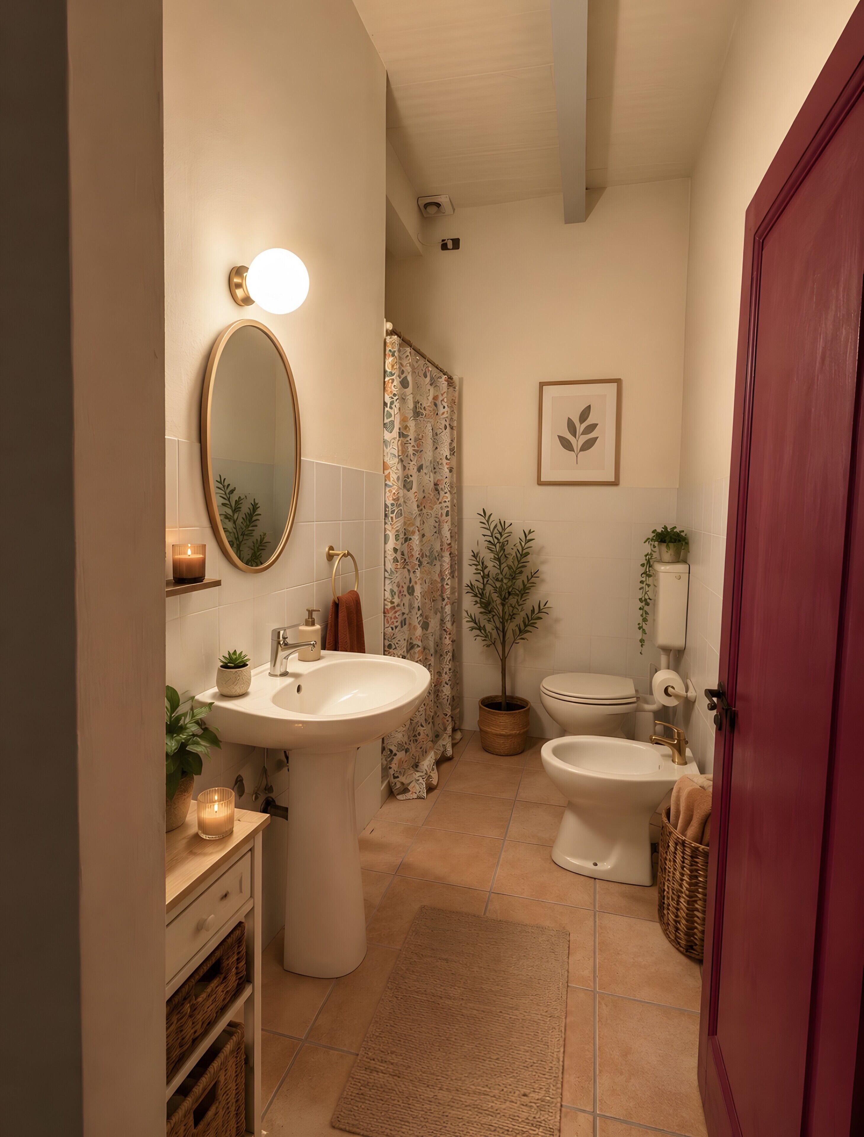 A bathroom with a sink, toilet, and bidet, a shower curtain, a framed plant, and a mirror with a light.