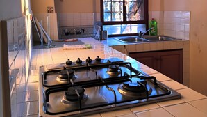 Une cuisine moderne équipée d’une cuisinière à gaz, d’une fenêtre avec vue et d’un évier.