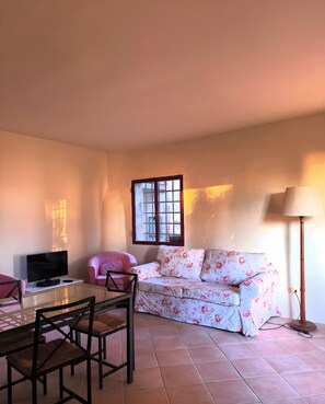Un salon avec un canapé, un téléviseur, une lampe et une fenêtre.