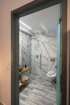 Douche, sèche-cheveux, serviettes fournies, shampoing