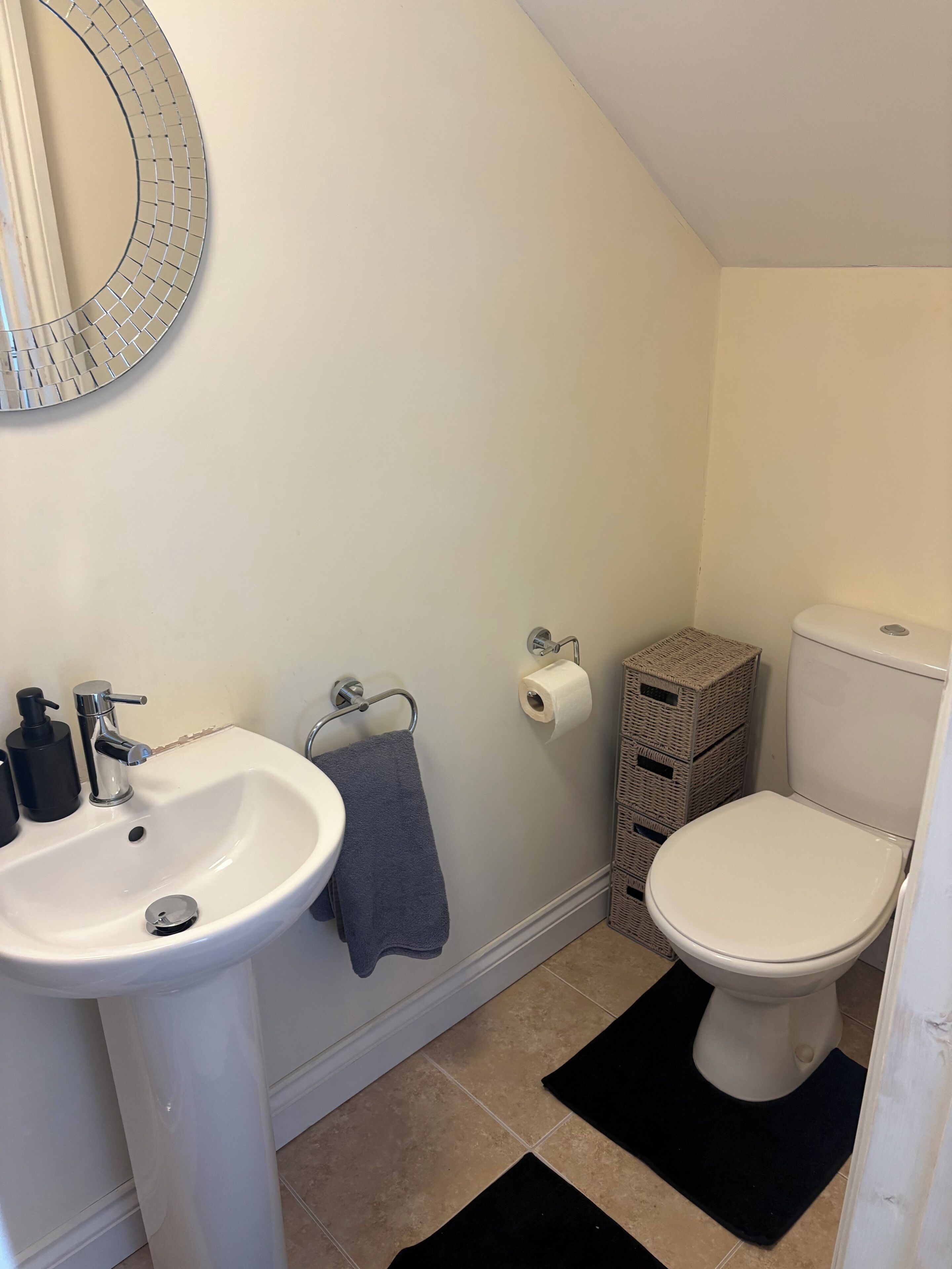 A bathroom with a sink, toilet, and a mirror.