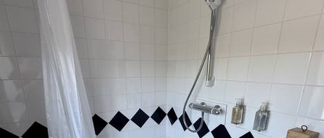 Een badkamer met een bad, douche, wastafel en toilet.
