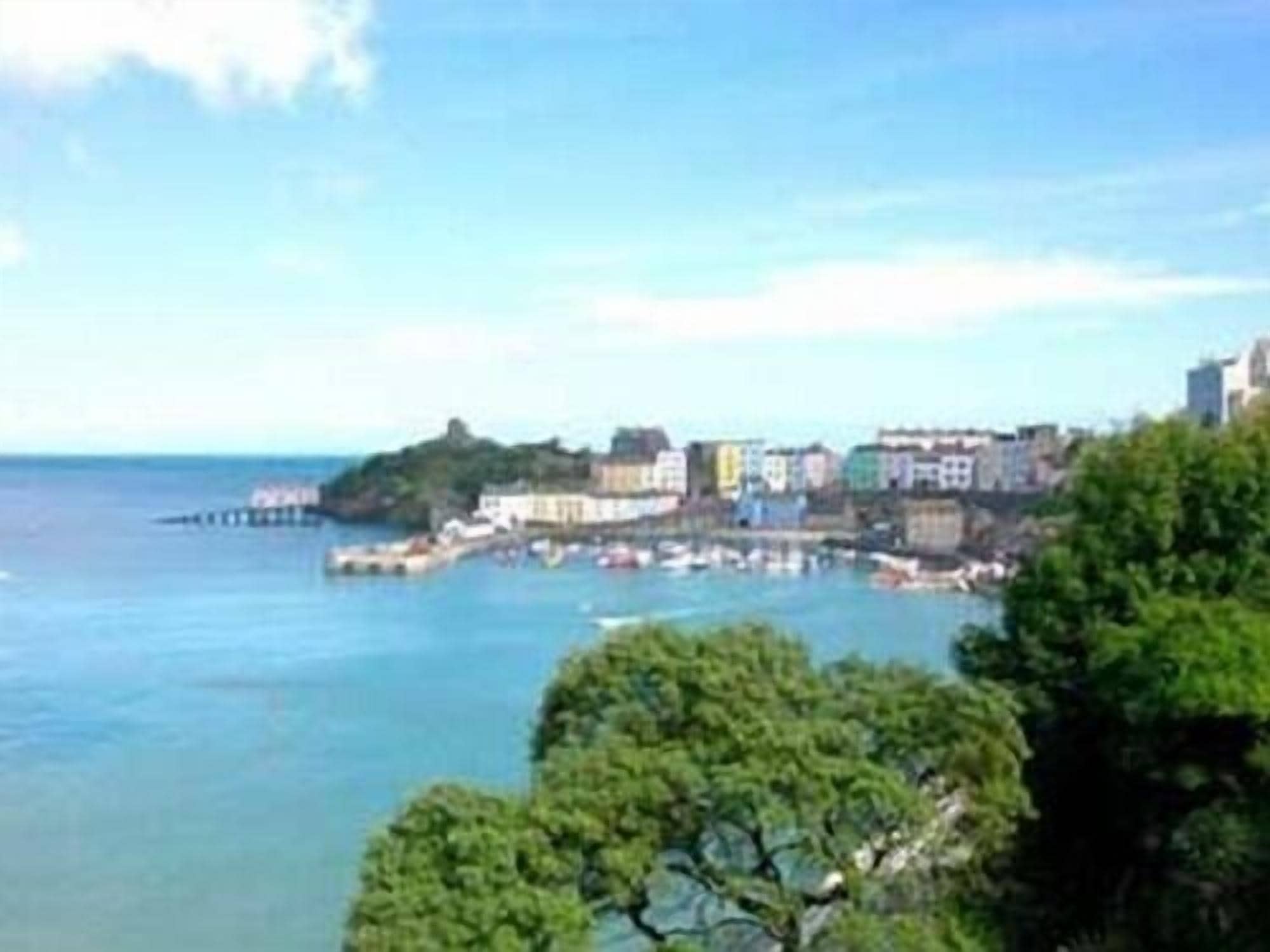 A coastal town with buildings along the waterfront, a pier extending into the sea, and lush greenery in the foreground.