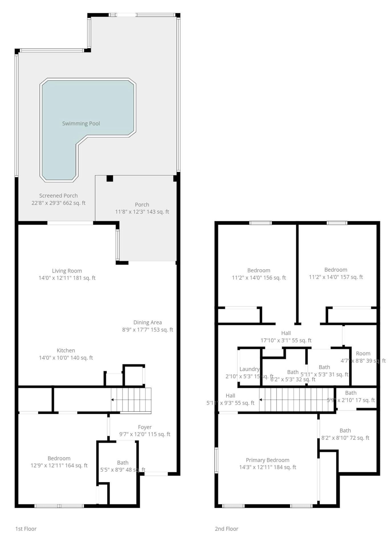 Ein Grundriss mit Schwimmbad, überdachter Veranda, Wohnzimmer, Essbereich, Küche, Hauseingängen und mehreren Schlafzimmern.