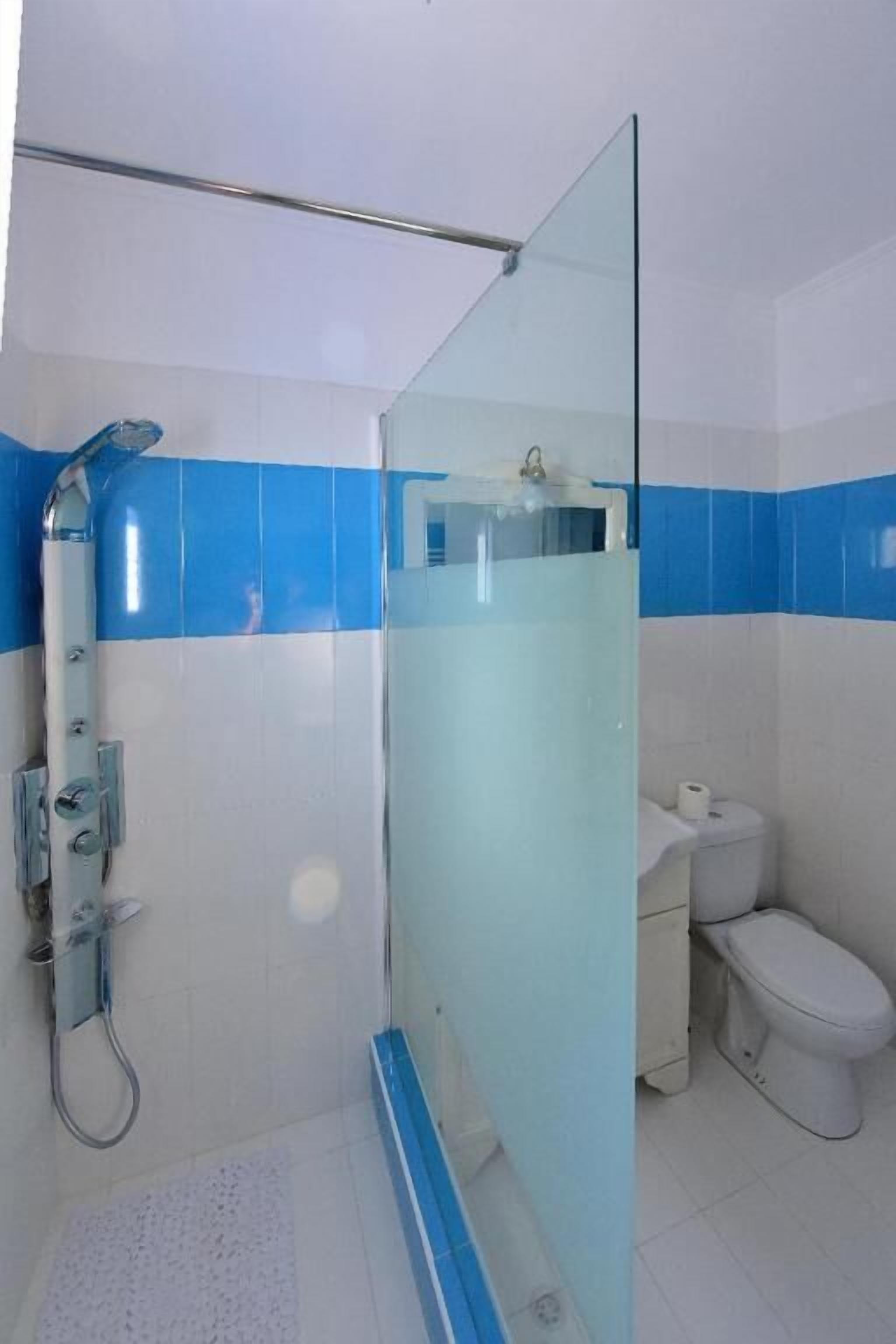A bathroom with a glass shower enclosure, a toilet, and a blue-tiled wall.