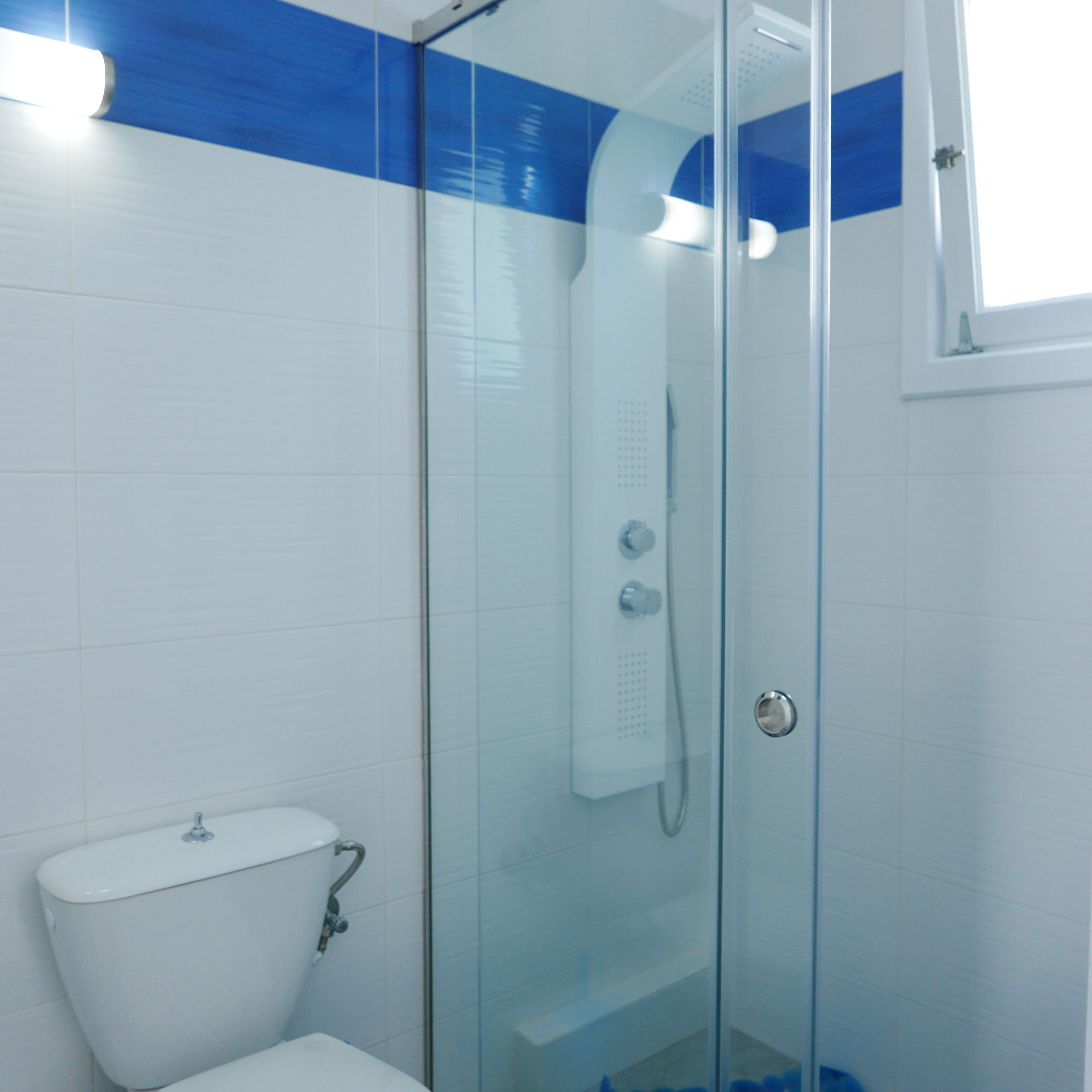 A glass-enclosed shower with a white toilet and blue accents on the wall.