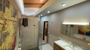 Shower, hair dryer, towels