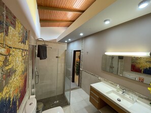Shower, hair dryer, towels