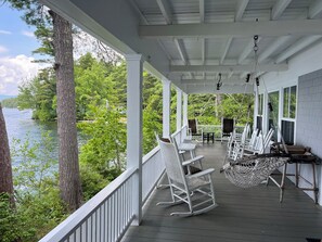Terrace/patio - Classic NH Lake House | Sandy Beach, 2 Boat Dock, Sleeps 10 (Mirror Lake)