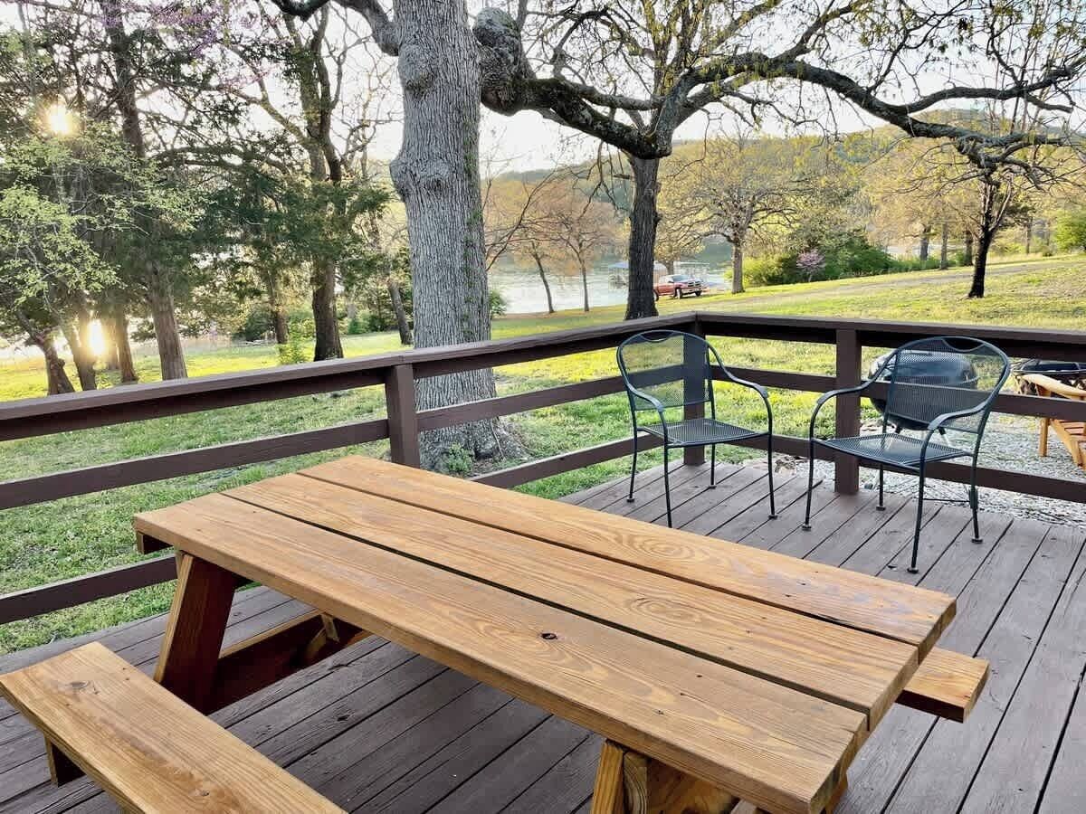 Patio with table and seating.