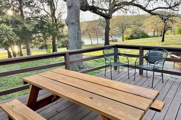 Patio with table and seating.