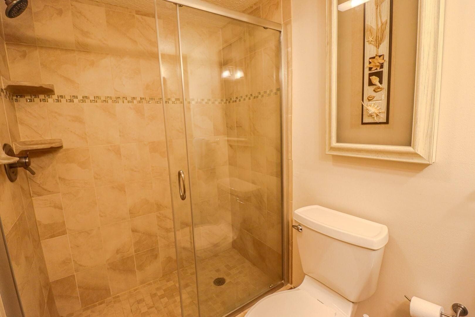 Un baño con ducha de vidrio, un inodoro y un cuadro en la pared.