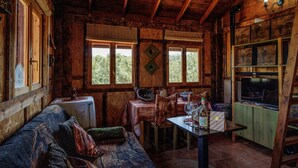 Un interior rústico de madera con un sofá, una mesa de comedor y sillas.