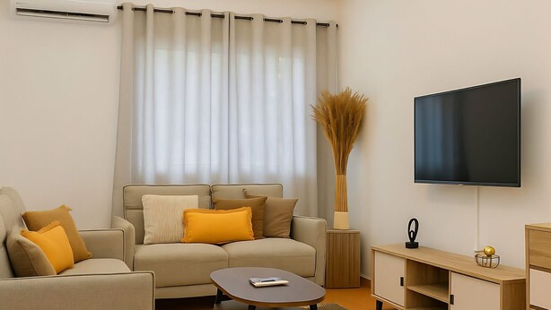 Een moderne woonkamer met een bank, salontafel, televisie en een decoratieve vaas.