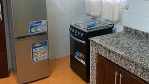 Een keuken met een koelkast, fornuis en een granieten aanrecht.