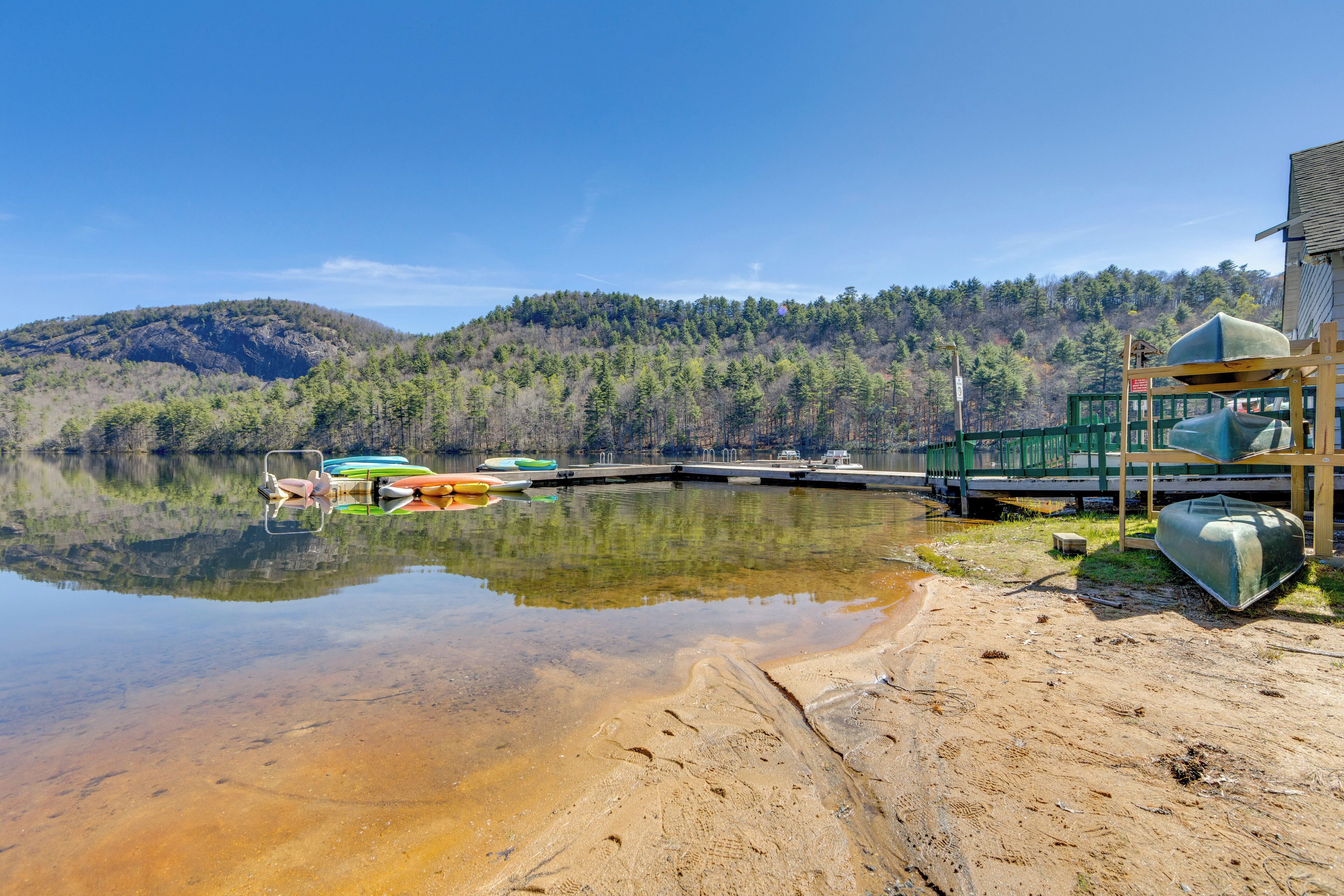A lakeside view with boats, a dock, and a forested hill.