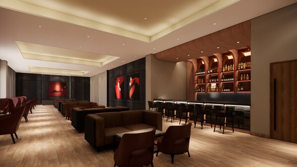 Un área de bar moderna con estantes y asientos de madera.
