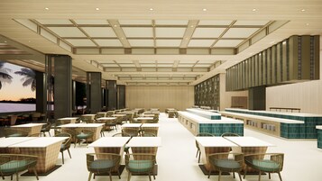 Un amplio comedor interior con techos altos, ventanas grandes y una zona de bar central.
