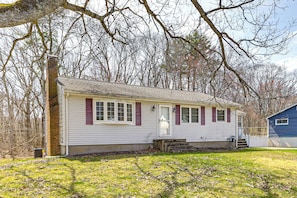 A single-story house with a front porch, a chimney, and a small front yard. - Walk to Shops & Eats! Attleboro Basecamp (Attleboro)