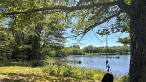 Un cadre paisible au bord d’un lac, avec un hamac suspendu à un arbre, entouré d’une végétation luxuriante et sous un ciel dégagé.