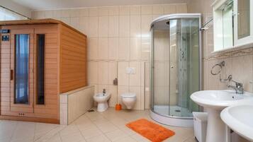 Shower, jetted tub, hair dryer, bidet