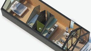 A modern hotel room with a bed, seating area, kitchenette, and a balcony. - Outdoors Holten - Diamond Suite with Jacuzzi (Holten)