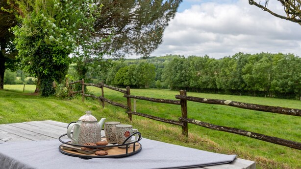 A picnic setup with a table, teapot, cups, and cookies on a wooden table in a grassy field with a wooden fence and trees in the background. - Gîte La Rémondière – 20 min from Puy du Fou (Pouzauges)