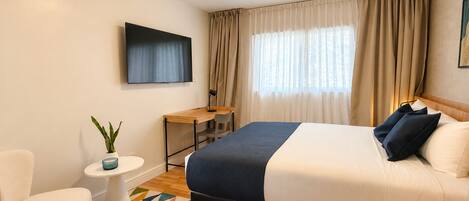 A hotel room with a bed, a desk, a chair, a small table with a plant, and a colorful rug.