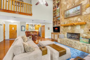 TV, fireplace - Private 14 Acres | Pool, Pickleball, Hot Tub & Guest House with Views (Wimberley)