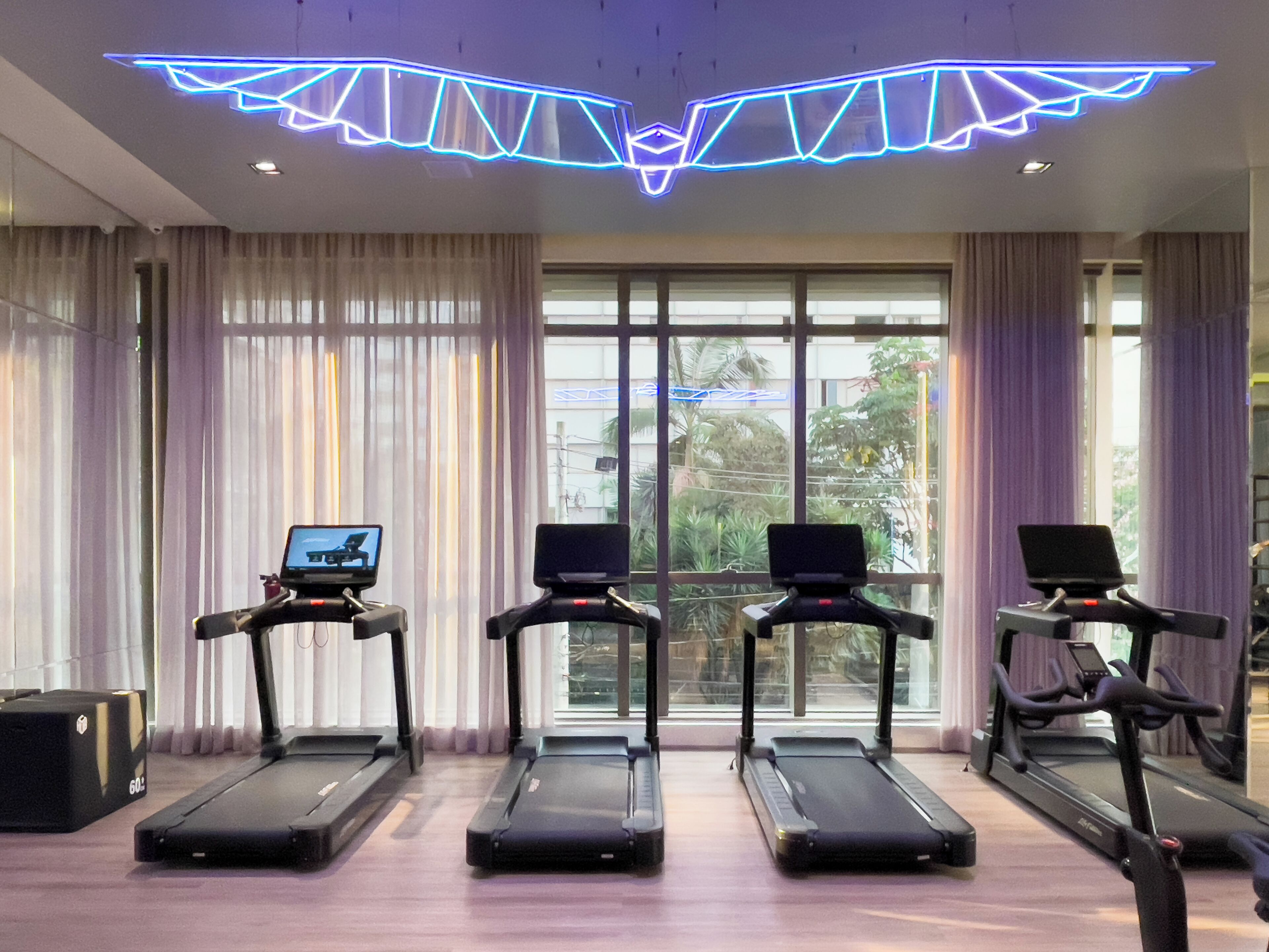 Un gimnasio con cintas de correr, una bicicleta estática y una máquina de remo.