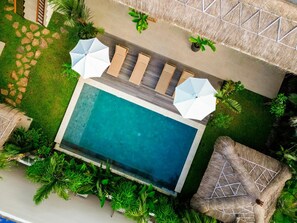 An aerial view of a swimming pool with lounge chairs and umbrellas, surrounded by tropical plants and a thatched roof structure.