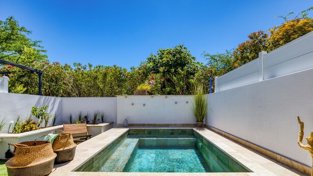 A rectangular pool with clear water, surrounded by a white wall and a garden with various plants.