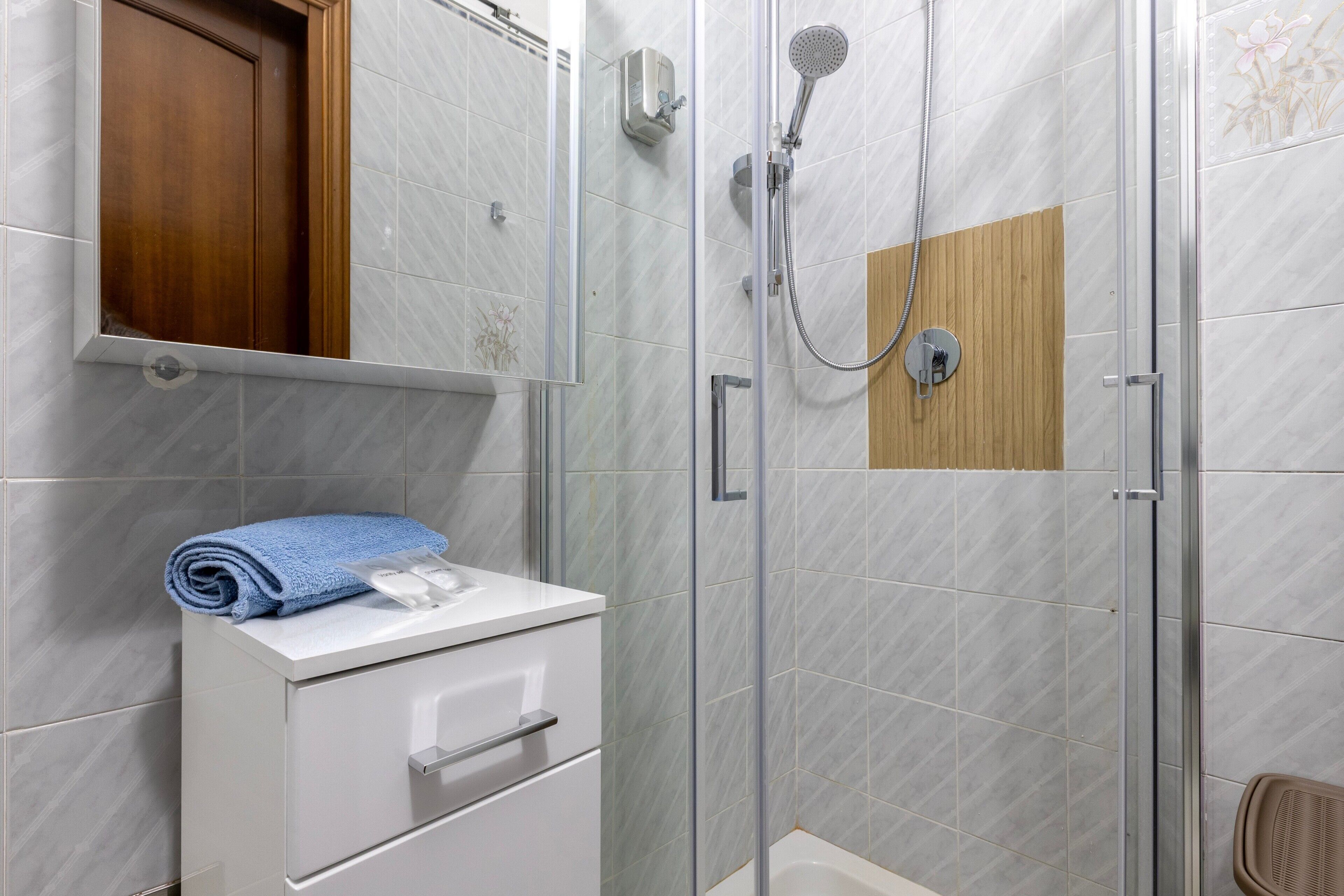 Shower, hair dryer, towels