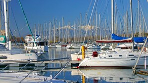 A marina with multiple boats docked, a clear sky, and a mountain in the background. - Mauclair by Interhome (Saint Cyprien)
