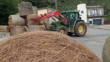 En traktor med rødt redskab, høballer og en bygning med skilt i et landligt område.