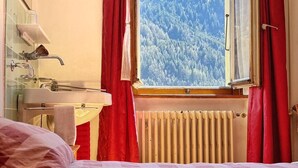Une chambre à coucher avec un lit, une fenêtre donnant sur une forêt, un radiateur et une salle de bain avec un lavabo et un miroir.
