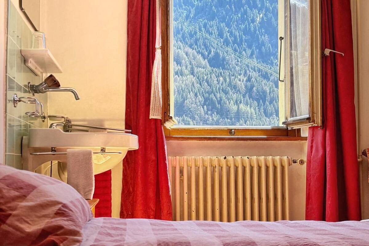 Ein Schlafzimmer mit einem Bett, einem Fenster mit Blick auf einen Wald, einem Heizkörper und einem Badezimmer mit Waschbecken und Spiegel.