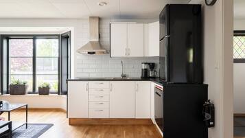 Fridge, microwave, oven, cookware/dishes/utensils