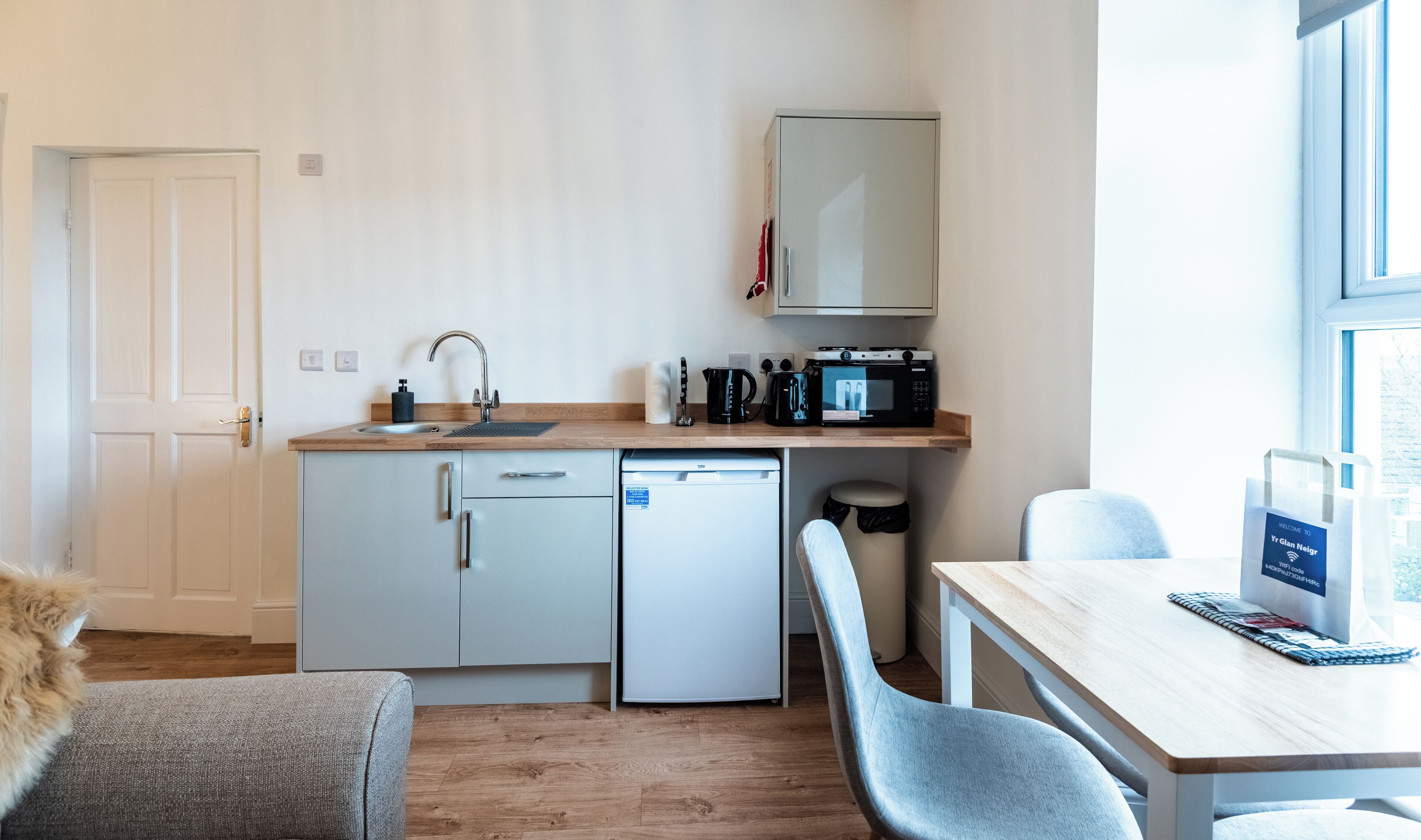 Fridge, microwave, electric kettle, toaster