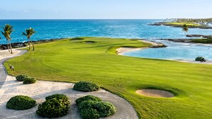 Een golfbaan met uitzicht op de oceaan en palmbomen.