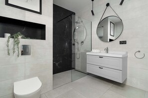 Dusche, Haartrockner, Handtücher, Shampoo