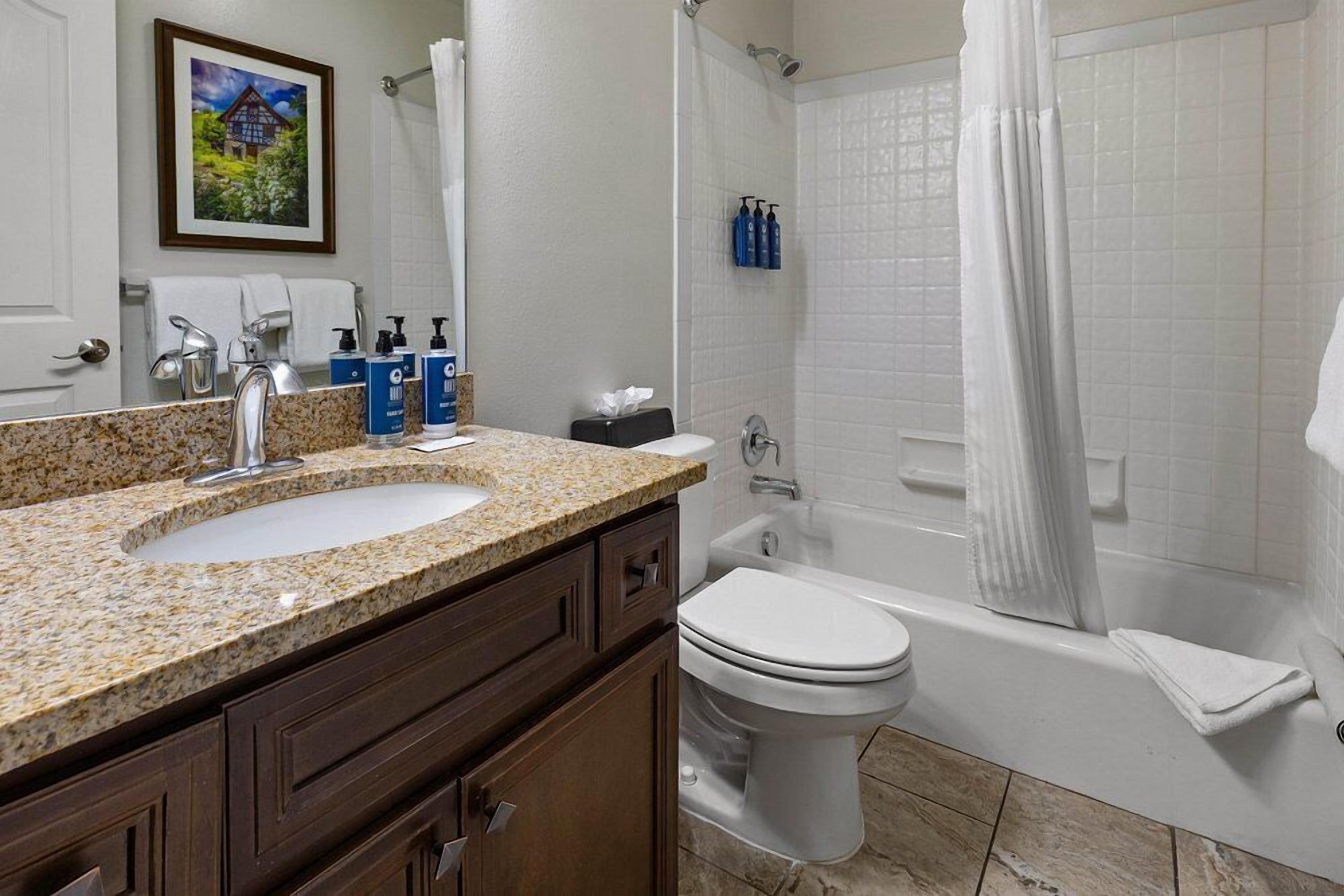 Ein Badezimmer mit Granitwaschtisch, Toilette in Weiß, Badewanne mit Duschvorhang und einem gerahmten Bild an der Wand.